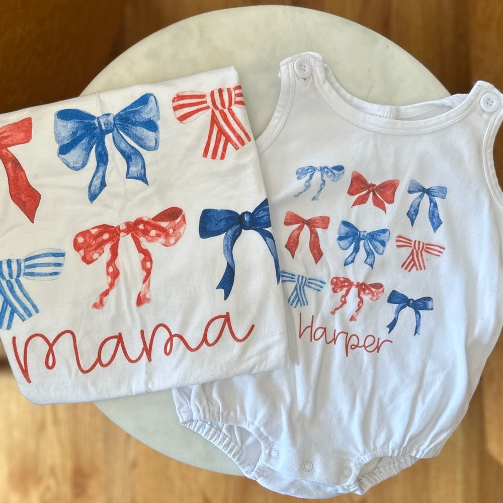 18m Harper and Mama Bundle Patriotic bows July 4 bubble romper matching